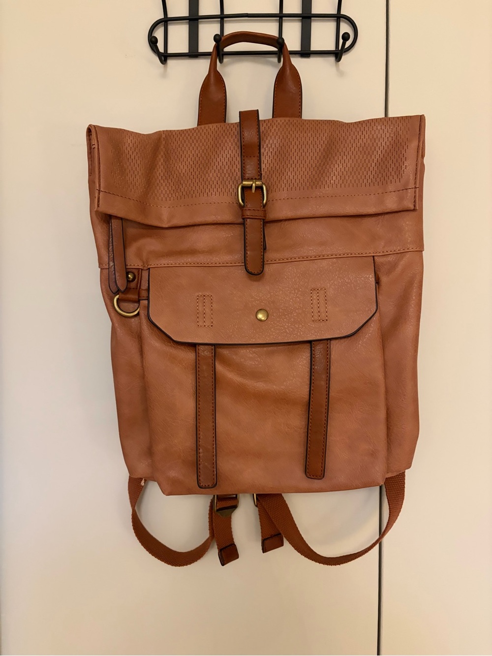 Faux Leather Roll-Top Backpack Bookbag - Tan